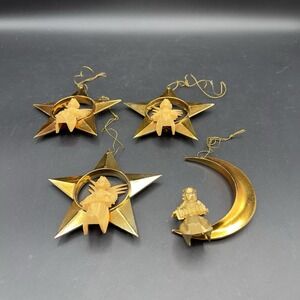 Celluloid‎ Germany Christmas Gold Star Moon Angel ornament 3" Set Of 4